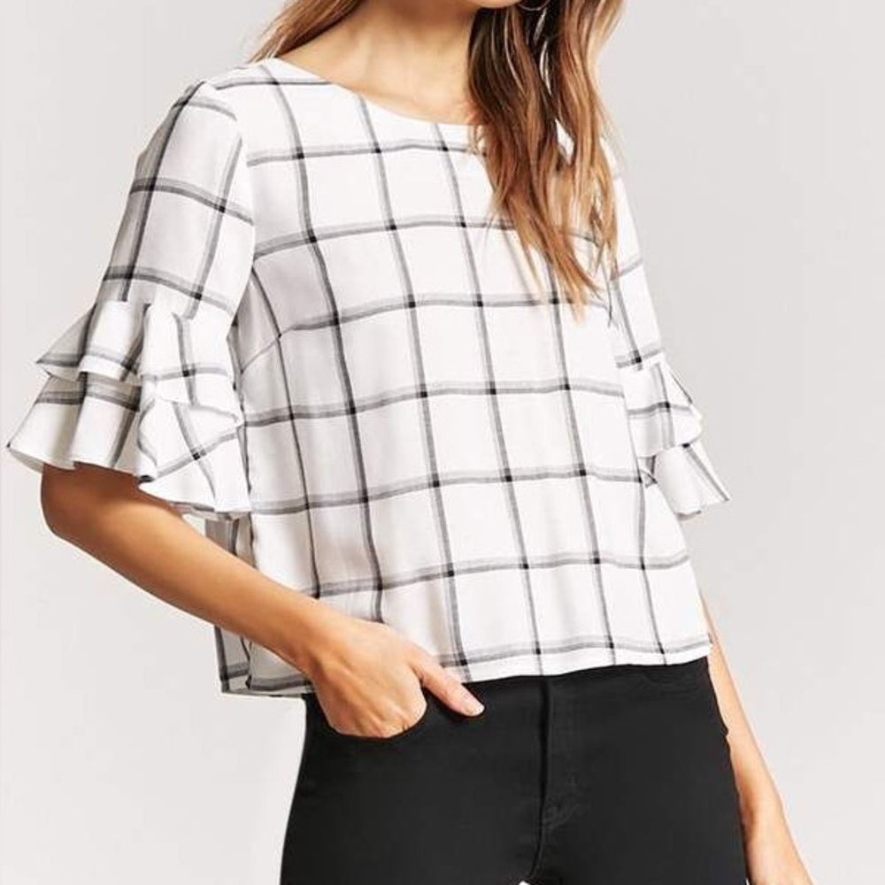 Suzy Shier Black and White Plaid Blouse - Size M